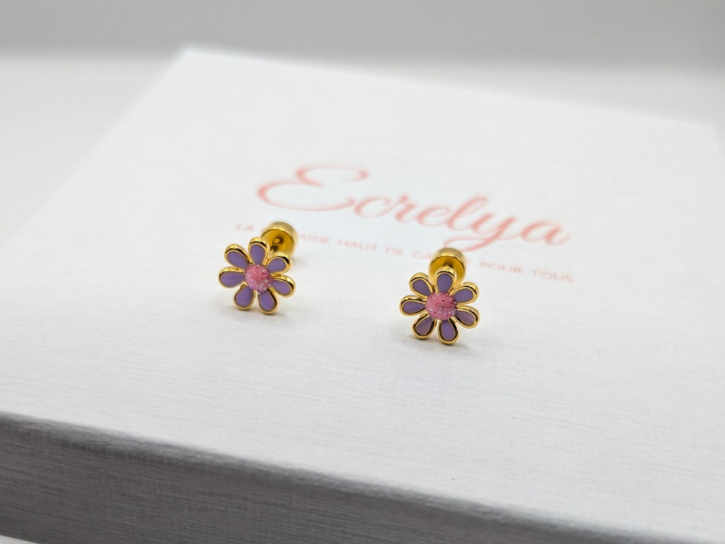 Boucle d'oreilles puces fleur émaillée - Ecrelya Bijoux