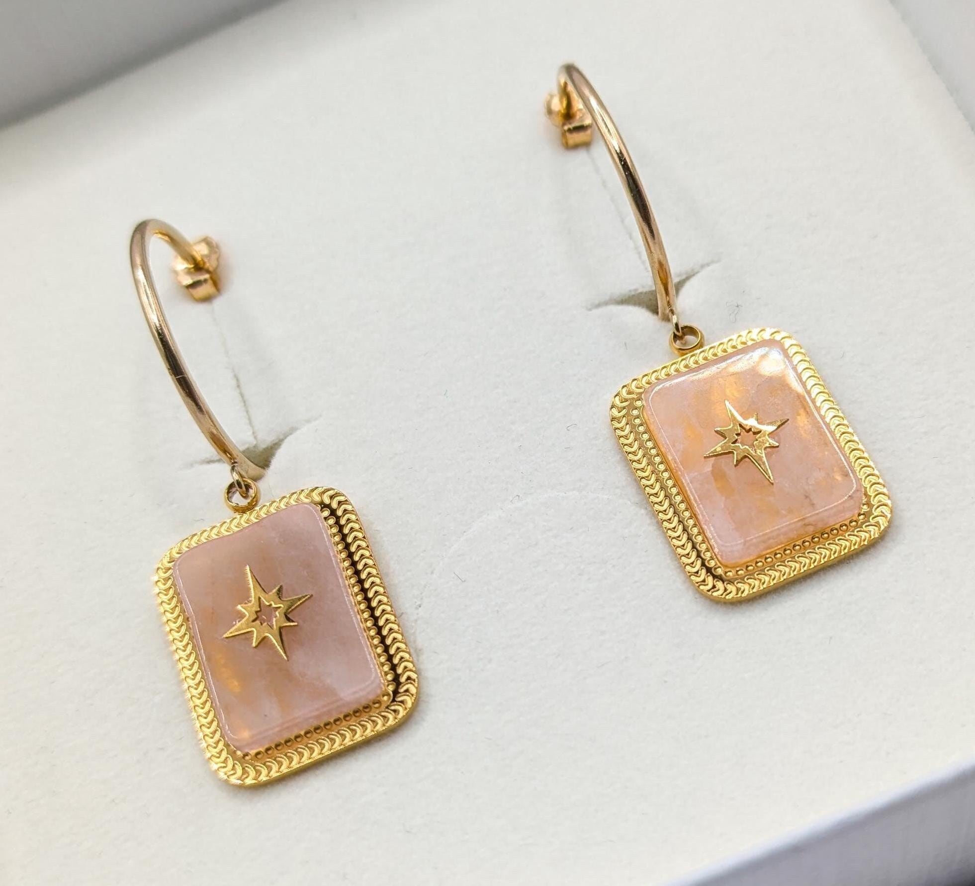 Boucles d'oreilles créoles en or et quartz rose - Ecrelya Bijoux