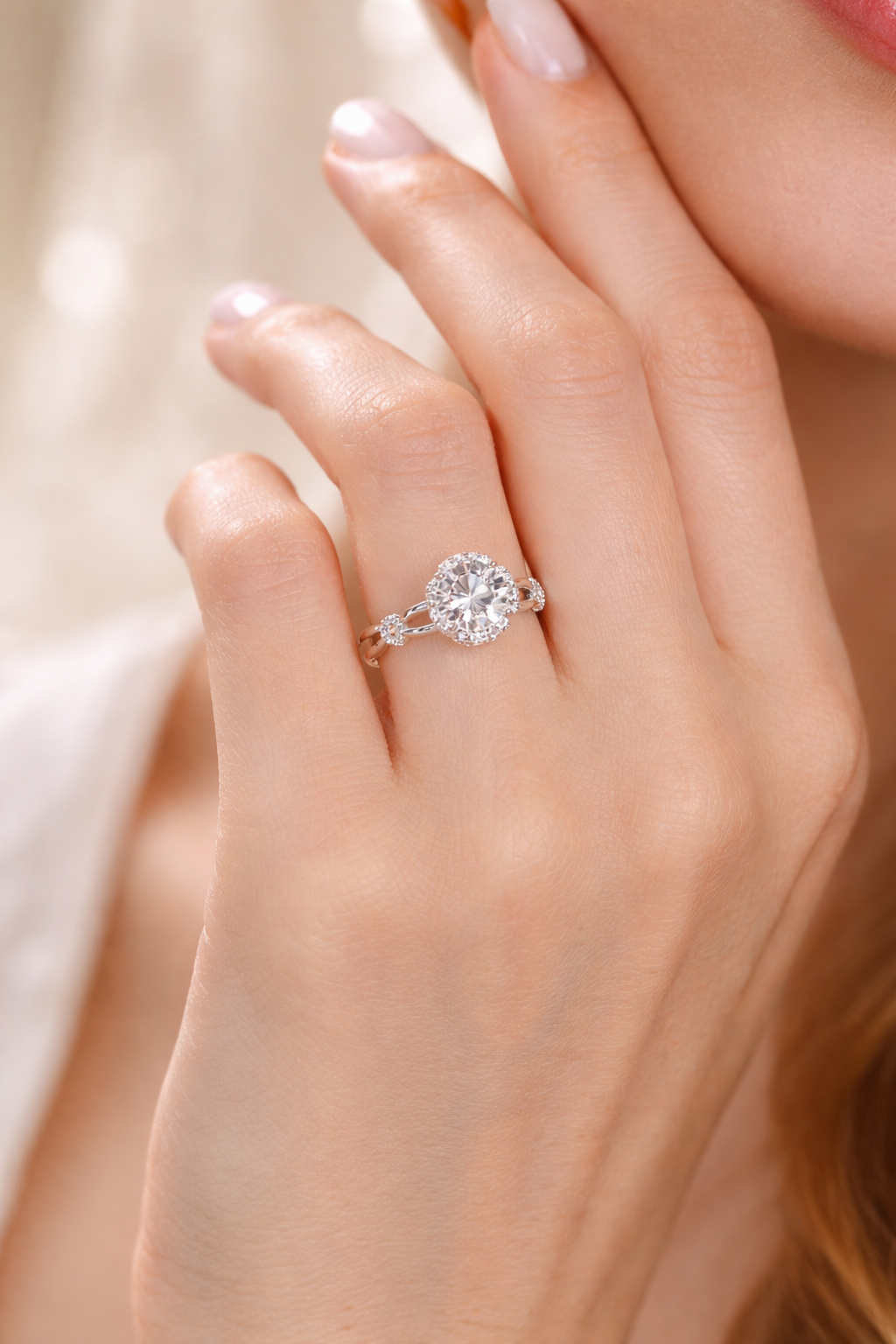 Bague Sélène Ecrelya Prestige portée à la main, moissanite ronde 1 ct et halo scintillant, finition or blanc