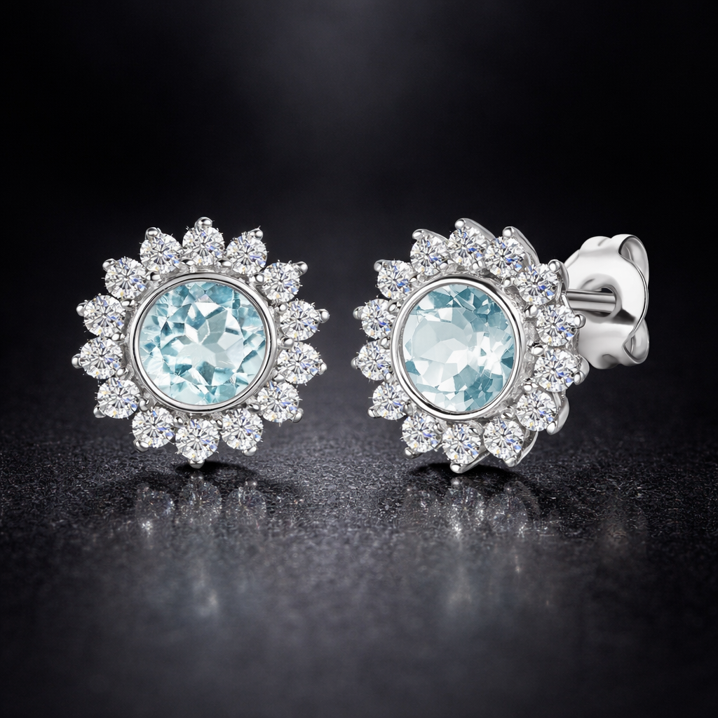 Puces fleur topaze bleue naturelle en argent 925 | Ecrelya Prestige