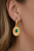 Créoles dorées soleil et zircon vert émeraude - Ecrelya Bijoux